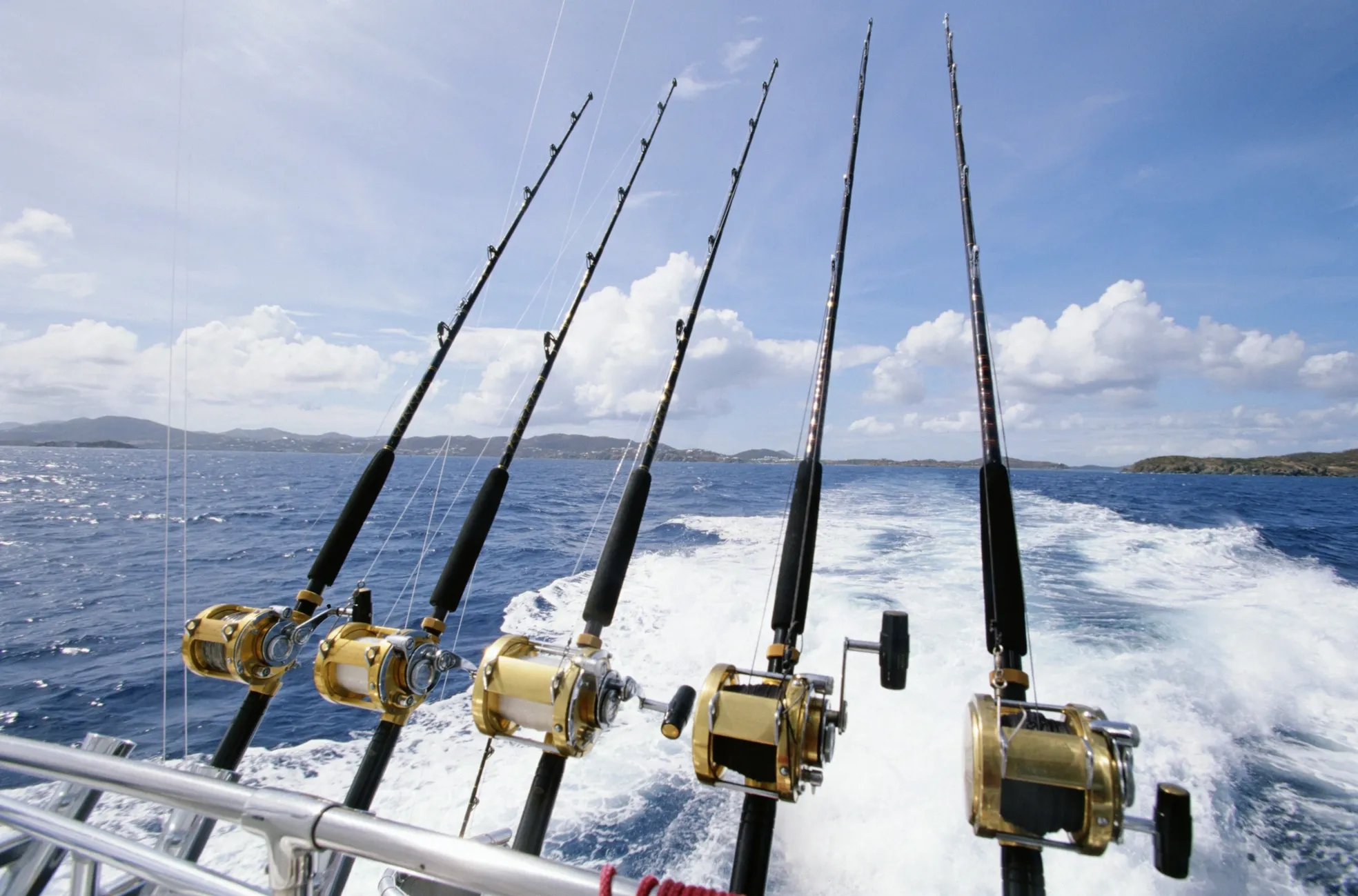 Photo of fishing rods on the back of a boat.